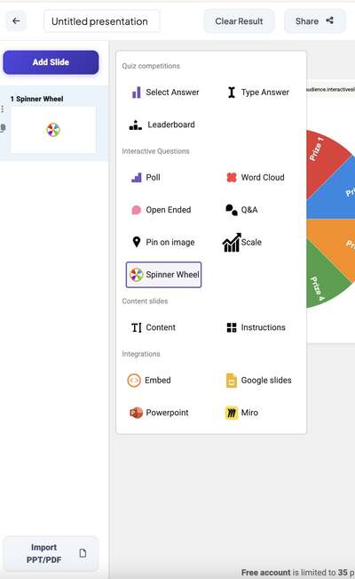 Spinner Wheel setup in InteractiveSlide.co interactive presentation
