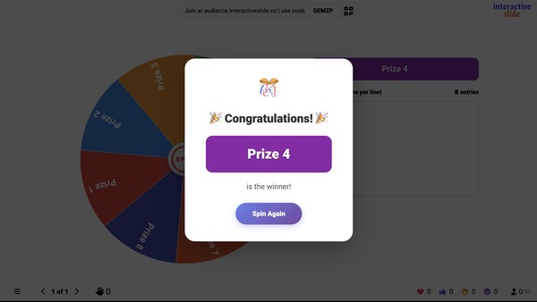 Live spinner wheel during interactive presentation